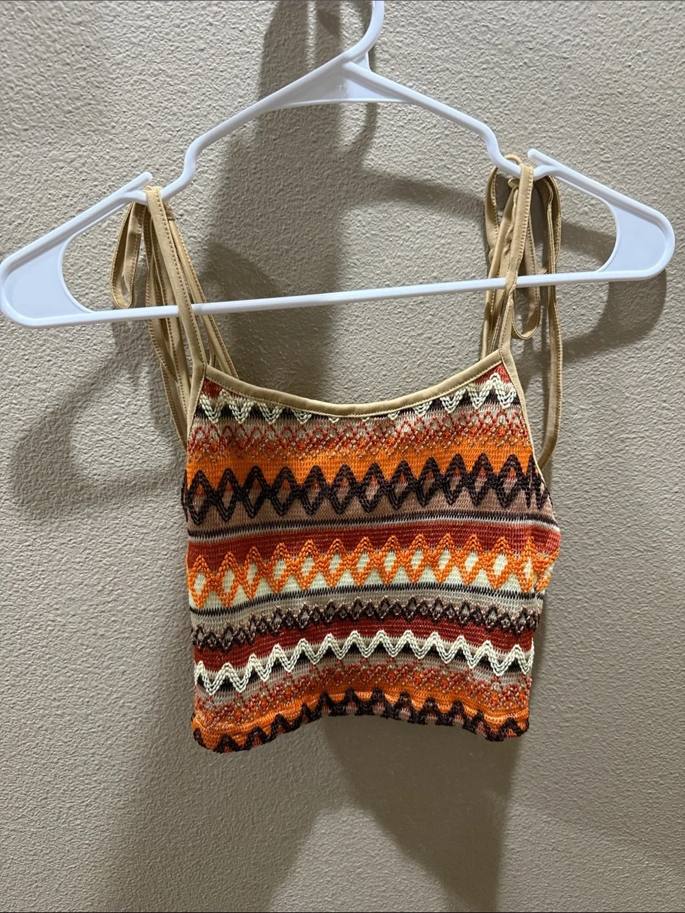 SHEIN Orange Multi Zigzag Knit Tie-Strap Crop Camisole